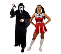 Déguisement pour couple adulte du plus célèbre film d'horreur des années 90 avec la tenue Homme M. un masque blanc, une toge noire, un couteau et la tenue Femme XL une jupe rouge Cheerleader.
