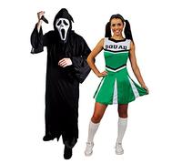 Déguisement pour couple adulte du plus célèbre film d'horreur des années 90 avec la tenue Homme XL un masque blanc, une toge noire, un couteau et la tenue Femme S. une jupe verte Cheerleader.