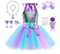 Deguisement pour Enfant Fille Sirène,Robe Princesse Sirène avec Tutu, Serre-Tête et Collier, Deguisement Fille Princesse pour Anniversaire Halloween Noël Carnaval Cosplay (130)