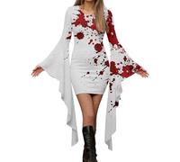 Déguisement pour femme - Robe de sorcière vampire sanglante à manches chauve-souris et col en V - Costume gothique steampunk pour adultes - Costume d'Halloween et de costumade pour femme - Tenue de