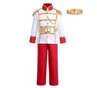 Déguisement Prince Charmant Garçon Costume Contes Enfant Royal Cendrillon Vêtements Petit Prince avec Couronne Roi + Sceptre Manteau Cosplay Halloween Carnaval Anniversaire Tenue Rouge 3-4 Ans