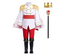 Déguisement Prince Charmant Garçon Costume Contes Enfant Royal Cendrillon Vêtements Petit Prince avec Couronne Roi + Sceptre Manteau Cosplay Halloween Carnaval Anniversaire Tenue Blanc 5-6 Ans