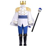 Déguisement Prince Roi Charmant pour Enfants Garçons Jeu de rôle Cosplay Carnaval Halloween Habiller Ensembles de Noël Tunique Top Manteau Pantalon Couronne Sceptre Chaussures Bleu royal 11-12 Ans