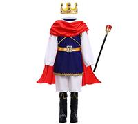 Déguisement Prince Roi Charmant pour Enfants Garçons Jeu de rôle Cosplay Carnaval Halloween Habiller Fête Noël Haut Pantalon Couronne Cape sceptre Couverture de chaussures Set Bleu foncé 5-6 Ans