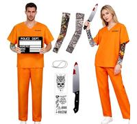 Deguisement Prisonnier Homme Femme Tenue Prisonnier Orange Hauts et Pantalons, Prisonniere Costume Halloween Homme Adulte Cosplay Outfit, Manches, Tatouages Temporaires Numéros Autocollants XL