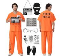 Deguisement Prisonnier Orange Femme Homme, Prison Déguisement Costume de Prisonnier,avec Prisoner Chemise Pantalon Menottes Plaques Signalétiques Prisonniere Halloween Carnaval Cosplay Adulte Unisexe