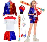 Déguisement Quin-n Costume Fille Enfant- Déguisement Clown Carnaval Cosplay Quinn Costume Joker Set avec T-Shirt Tenue Veste Short Gants Batte de Baseball pour Déguisements de Carnaval Halloween
