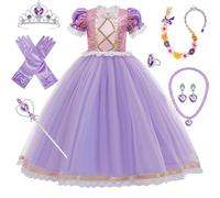 DéGuisement Raiponce Robe Raiponce Filles Costume Princesse Raiponce Avec Perruqu Couronne Baguette Magique Anneau Cosplay Halloween Carnaval Costumes NoëL Anniversaire FêTe Tenues,B-130cm