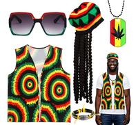 Déguisement rasta 5 pièces - Accessoires reggae des Caraïbes avec gilet, chapeau jamaïcain, lunettes, bracelet, collier, dreadlocks pour homme et femme - Pour fête, cosplay, bal masqué, Halloween