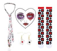 Déguisement Reine de Cœur pour Femme avec Cartes de Poker Cravate,Boucles d'oreilles,Bas et Visage en Strass,Costume de Casino pour Femme,Accessoire de Jeu de Cartes pour Carnaval et Halloween