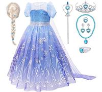 Deguisement Reine Des Neiges Fille avec Elsa Perruque Couronner Collier Bracelet Robe Reine Des Neiges Princesse Elsa Costume pour Fille 3 4 5 6 7 8 9 10 Ans Anniversaire Noël Halloween Carnaval (120)