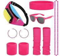 Déguisement rétro des années 80 pour femme, ensemble de fête rose fluo avec sac banane, bandeau, bracelets, jambières, lunettes, boucles d'oreilles, collier, kit d'accessoires amusants des années 80