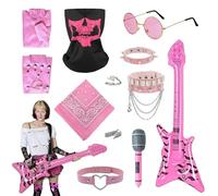 Déguisement rock star rose 11 pièces - Costume gothique à bascule avec microphone gonflable - Masque tête de mort - Mouchoir - Lunettes de soleil - Ras du cou - Gants - Bracelets - Carnaval - Disco