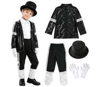 Deguisement Roi de la Pop Garcon 4 Pieces à Années 80-90 Veste et avec Garçon Ensemble Veste Noir Pantalon Gants Et Chapeau pour Enfants 8-14 Ans Fêtes sur Scène Deguisement Carnaval (12-14 Years)