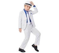 Deguisement Roi de la Pop Garcon, Veste et Pantalon à Années 80-90 avec Garçon Ensemble Veste Rayée Pantalon Doré Cravate Et Chapeau pour Enfant Halloween Carnaval Déguisement