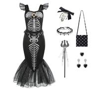 Déguisement Sirène Squelette Fille Halloween, Robe Fantaisie Carnaval | Ensemble Complet avec Robe, Pince à Cheveux, Bague, Collier, Sac, Baguette Magique, Boucles D'oreilles