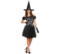 FIESTAS GUIRCA Déguisement de sorcière araignée pailletée pour femme, Comprend un chapeau de sorcière et une robe de sorcière noire avec motif toile d'araignée, Costume d'Halloween pour femme taille M