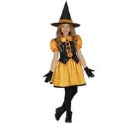 FIESTAS GUIRCA Costume de Sorcière Citrouille à Paillettes - Petite Sorcière Orange avec Chapeau de Sorcière - Déguisement d'Halloween Fille 10-12 Ans