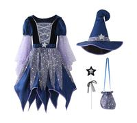 Déguisement Sorcière Fille Costume Halloween Tenue de Magicienne Carnaval | Costume Halloween Complet avec Robe, Cape, Chapeau de Sorcière, Baguette Magique et Balai Tenue de Magicienne pour Carnaval