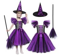Deguisement Sorciere Fille, Costume Sorciere Enfant Halloween Violet Robe Princesse avec Chapeau Balai de Sorcière Cosplay Fete pour Fille 2 à 12 Ans (Violet, 140 (10-12 ans))