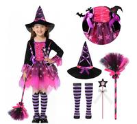 Déguisement Sorciere Fille,Robe et Balai Chapeau de Sorcière Baguette Costume Sorciere Enfant pour Halloween Carnaval Fête