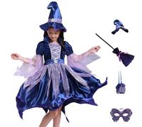 Déguisement Sorcière Magique pour Fille, Costume Cosplay Enfant Halloween, Robe Princesse + Chapeau de Sorcière + Sac + Balai + Masque, Tenue de Vampire Halloween Carnaval pour Fille 3-9 Ans