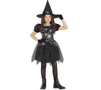 FIESTAS GUIRCA Costume de Sorcière en Toile d'Araignée Argentée - Petite Sorcière avec Chapeau de Sorcière - Déguisement d'Halloween Fille 5-6 Ans