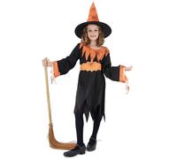 DEGUISE TOI - Déguisement sorcière orange et noire fille - Chapeau - Ceinture - Robe - M 7-9 ans (120-130 cm) - Noir - Déguisements enfants - 100% Polyester - Lavage à sec - Halloween