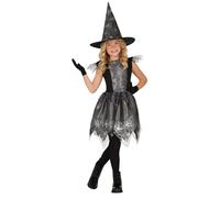 FIESTAS GUIRCA Déguisement de sorcière en toile d'araignée argentée pour filles - comprenant une robe et un chapeau de sorcière en toile d'araignée - Costumes d'Halloween pour filles de 5 à 6 ans
