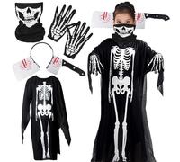 Déguisement Squelette Enfant, 120CM Costume Squelette Enfant, Déguisement Halloween Enfant avec Masque Squelette, Gants Squelette, Grim Reaper Déguisement Squelette pour Halloween Carnaval Cosplay