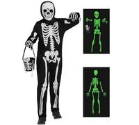Déguisement Squelette Enfant Garcon Costume Combinaison Briller Cosplay Effrayants Sac de Bonbons Gants Masque Halloween