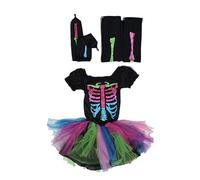 Deguisement Squelette Fille, Coloré Déguisement Halloween Fille Deguisement Faucheuse avec Robe Squelette Manchettes et Leggings Costume Enfant pour Halloween Carnaval Cosplay Fête