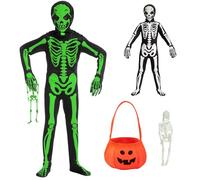 Deguisement Squelette Garcon Enfant 3-12 Ans Costume Squelette Enfant Déguisement Squelette Garçon Fille Combinaison Squelette Fluo Squelette Masque Halloween Panier Citrouille Halloween Sac Bonbon