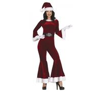 Déguisement Tenue Mère Noël Femme Ensembles 3 PCS Chapeau Combinaison Rouge à Manches Longues Pantalon Evasé avec Fourruré Costume Père Noël pour Adulte avec Gloves Slim Polaire Tenue (RD2, S)