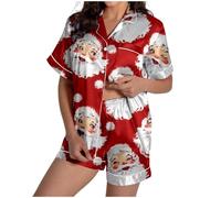 Deguisement Vache Vetement Femme Grande Taille Pyjama Femme Motif Imprimé Pyjama Mignon Bouton Manches Courtes Haut Ensemble Short Et Haut Soie Short Combinaison Red S