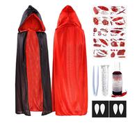 Deguisement Vampire Adulte, Cape Vampire Costume Halloween avec 30ml Sang Artificiel, 2 Paires de Dents de Vampire de 15 mm, 10 Tatouages Cicatrices pour Homme et Femme Cosplay,Carnaval,Fête Costumée