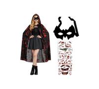 Déguisement Vampire Dracula Halloween avec Cape 150cm à Capuche, Masque Chauve-souris et Tatouages Cicatrices pour Enfant et Adulte