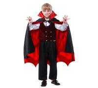Deguisement Vampire Enfant, Cape Halloween Noire Rouge avec Dent de Vampire et Tatouage Autocollant, Costume Diable pour Garçons et Filles comme Accessoires de Cosplay pour Halloween, Carnaval