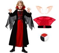 Déguisement Vampire Enfant Fille Costume Vampire Robe Gothique Soirée Oreilles d'elfe Dracula Halloween Carnaval Cadeau d'anniversaire (L (7-9 ans))