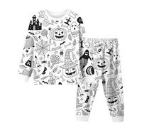 Deguisement Vampire Enfant,Pyjama d'halloween pour Enfants Manches Longues col Rond vêtements de Nuit Confortables pour garçons et Filles en imprimé rayé Noir et (White, 8-9 Years)