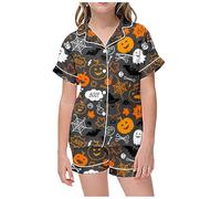 Deguisement Vampire,Ensemble Pyjama pour Enfants Loisirs Halloween imprimé col boutonné Manches Courtes Haut et Short pour Les Nuits Douces (Dark Gray, 12-13 Years)