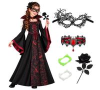 Deguisement Vampire Fille, Deguisement Halloween Fille avec Robe Gothique & Accessoires Complets - Costume Vampire Halloween Enfant de 4-10 Ans pour Chasse aux Bonbons et Carnaval