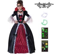 Déguisement Vampire Fille- Halloween Gothique Costume de Vampire pour Enfant Vampira Cosplay Comtesse Gothique Robe Jeu de Rôle Mardi Gras D'un Cosplay Carnaval Costume avec Masques Vampir Collier L