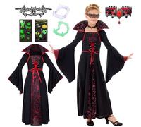 Déguisement Vampire Fille Halloween- Gothique Costume de Vampire pour Enfant Vampira Cosplay Comtesse Gothique Robe Jeu de Rôle Mardi Gras D'un Cosplay Carnaval Costume avec Masques Vampir Collier 130