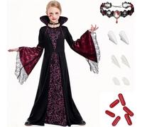 Déguisement Vampire Fille Halloween Robe Gothique Reine Dracula Carnaval | Robe De Vampire Gothique Pour Fille Avec Col Montant Dentelle Et Manches Évasées Idéale Pour Soirée D'Hallowee