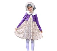 Déguisement Vieille Dame pour Enfant, Ensemble Costume de Vieille Femme avec Perruque, Robes, Cardigans, Canne, Collier de Perles, Bracelet, pour Carnaval Halloween Deguisement Soirée Fête Cosplay