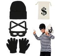 Deguisement Voleur Enfant, Costume de Voleur avec sac d'argent Dollar, Masque Bandit, Bonnets et Gants en Tricot, Deguisement Prisonnier Enfant Accessoires pour Halloween Carnaval Fête à Thème