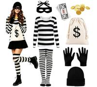 Deguisement Voleur Femme,Costume de Voleuse pour Halloween Carnaval Cosplay | Costume de Voleur de Banque avec T-Shirt, Noir Bonnet, Gants, Masque pour Les Yeux, Chaussettes et Sac à Billets en Toile