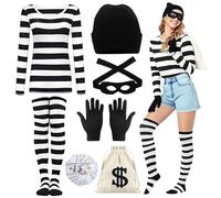 Deguisement Voleur Femme, Ensemble Costume Voleur Banque avec T-Shirt Rayé Noir et Blanc, Bonnet, Gants, Masque, Chaussettes et Sac à Billets En Toile, Accessoires pour Halloween, Carnaval, Cosplay