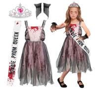 Deguisement Zombie Fille, Deguisement Halloween Fille Zombie, Robe de Mariée Sanglante D'horreur Avec Couronne et Bretelles, Adapté au Carnaval, aux Jeux de Rôle et aux Soirées à Thème (M, 7-9 Ans)